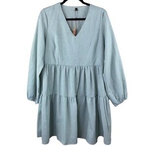 FANCYINN Ruffle Swing Babydoll Juniors Mini Tiered Green/White Praire Dress Sz L